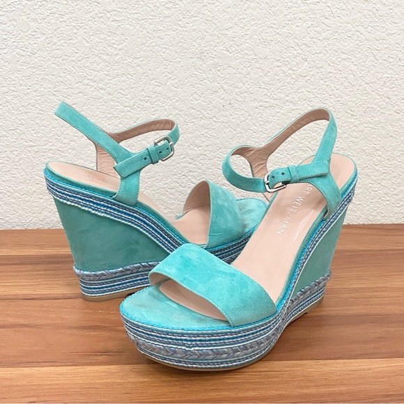 STUART WEITZMAN Single Island Embellished Rope Turquoise Suede Wedge Sandals 8.5 - Picture 6 of 16